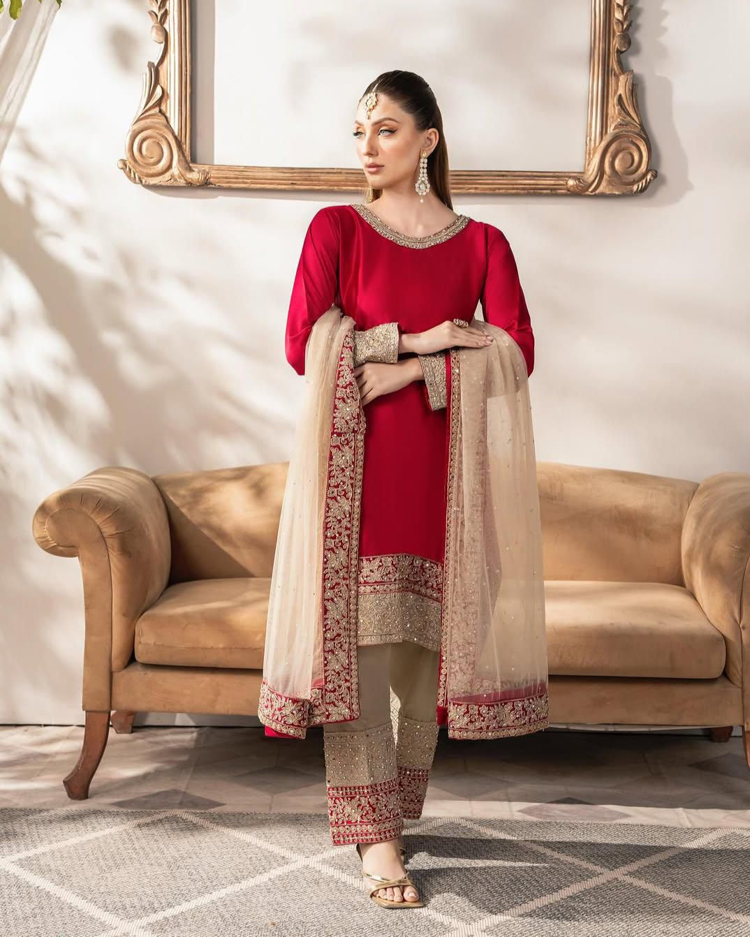 Embroidered Malay Satin Silk Top with Faux Georgette Pants & Net Dupatta