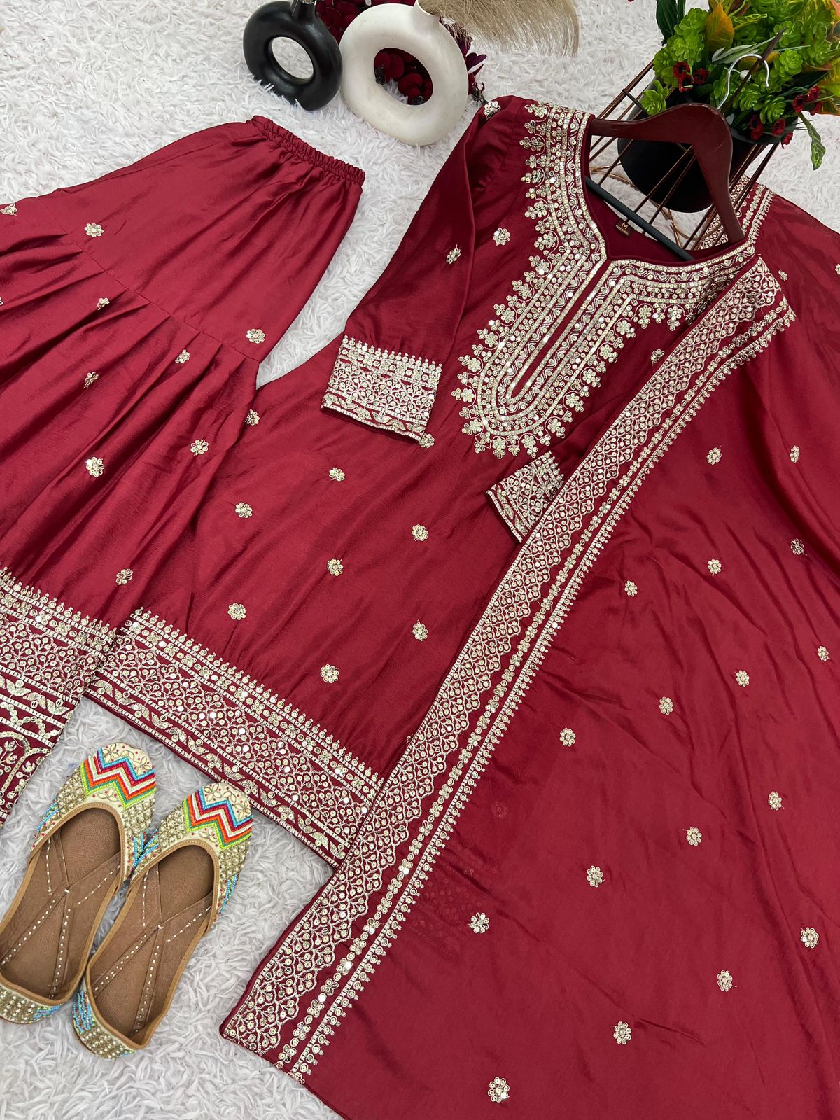 Chinnon Silk Sharara Suit Set – Embroidered Top, Plazo & Dupatta