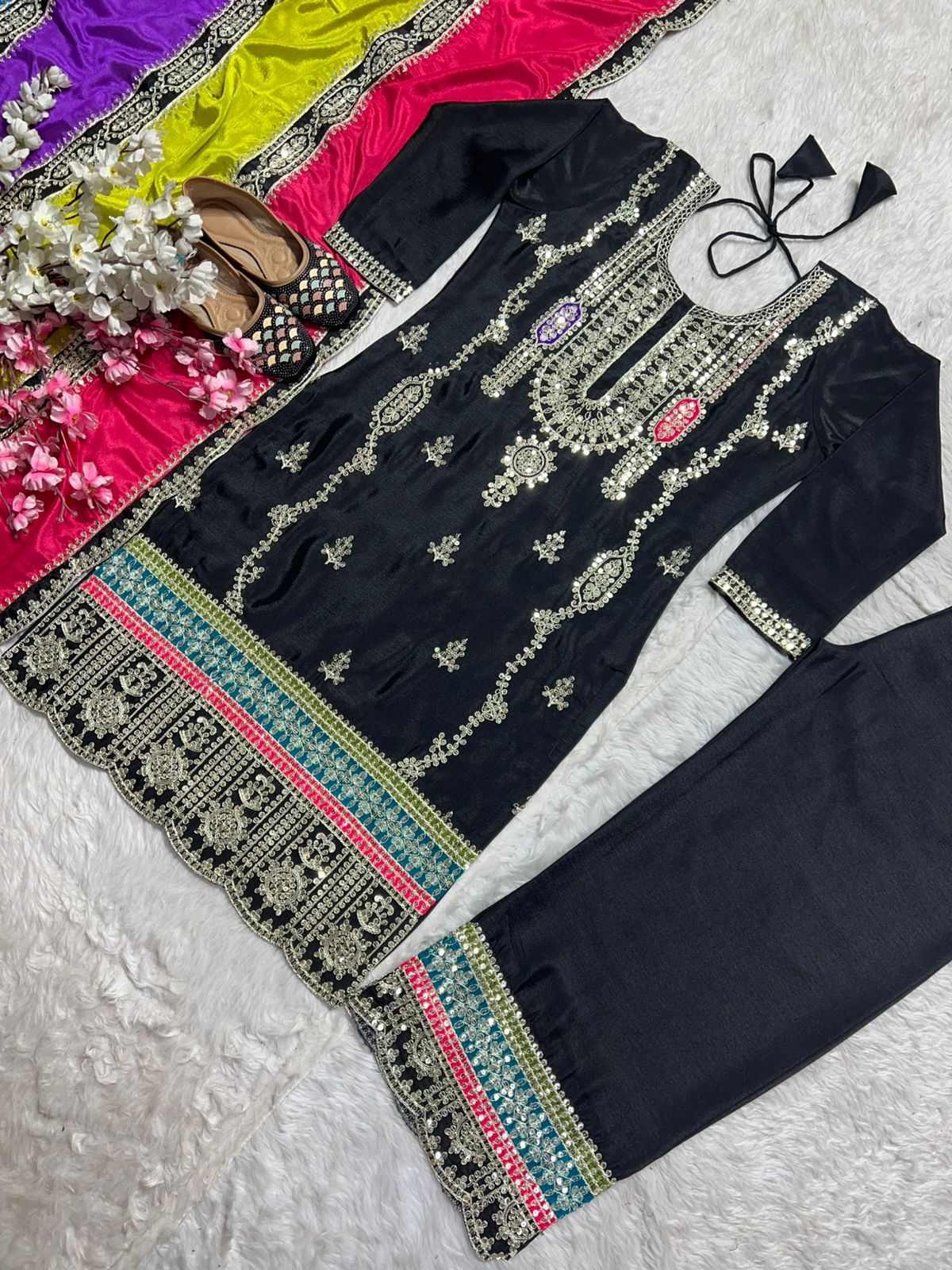 Pure Chinnon Silk Embroidered Suit Set with Palazzo & Dupatta