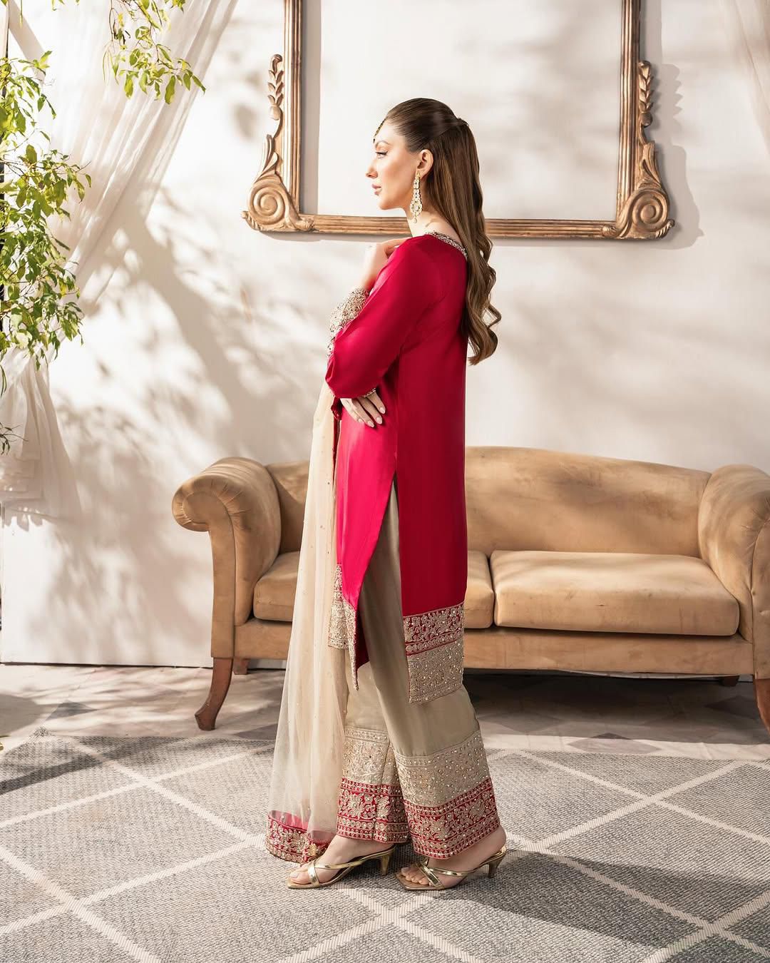 Embroidered Malay Satin Silk Top with Faux Georgette Pants & Net Dupatta