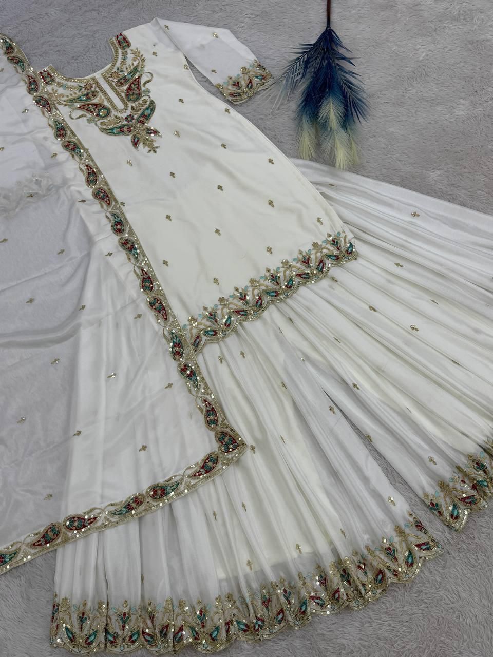 Elegant Chinon Silk Kurti Plazzo Set | Embroidery & Sequence Work