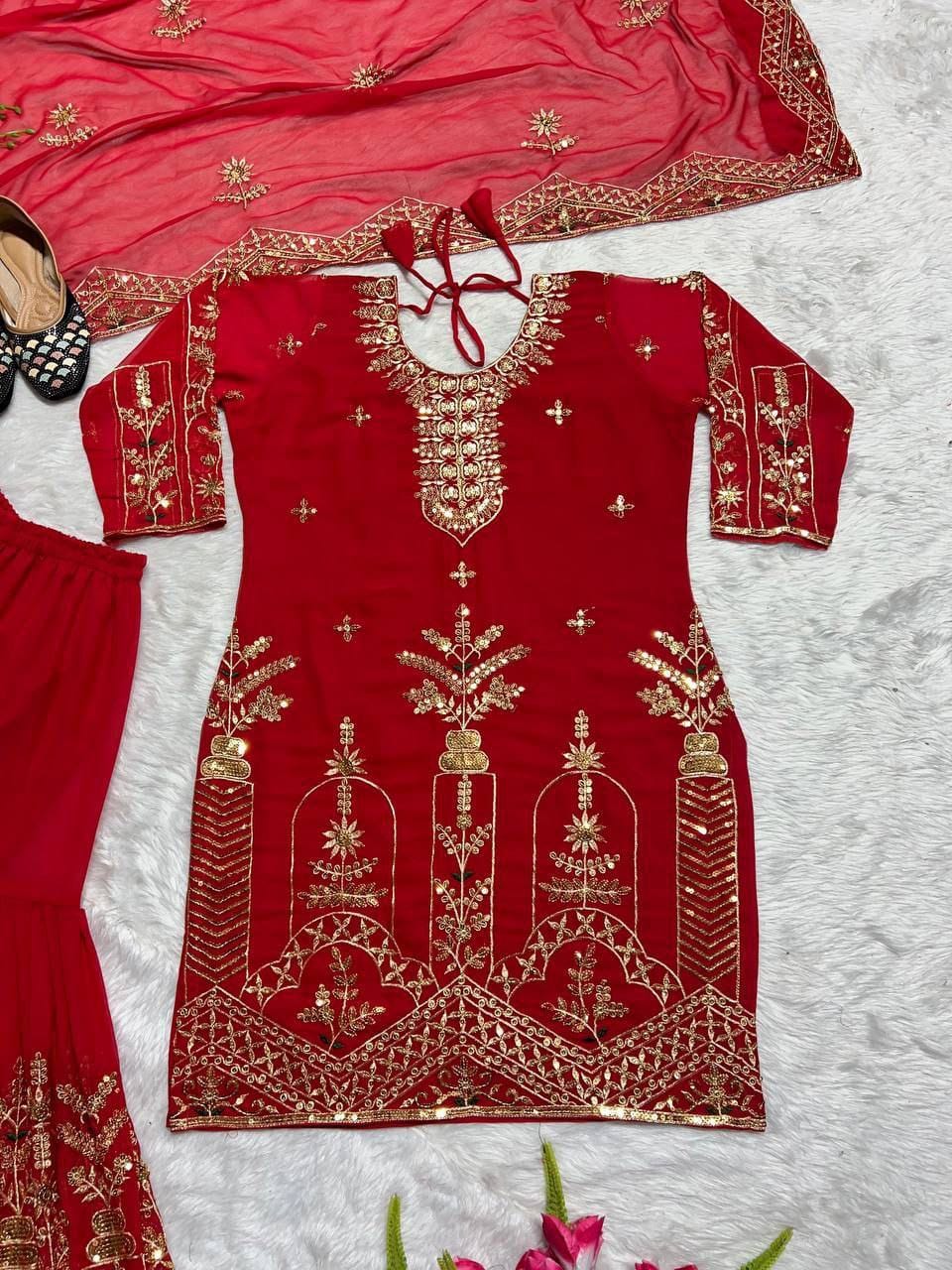 Glamorous Designer Party Wear Set – Sharara Palazzo, Elegant Top & Dupatta