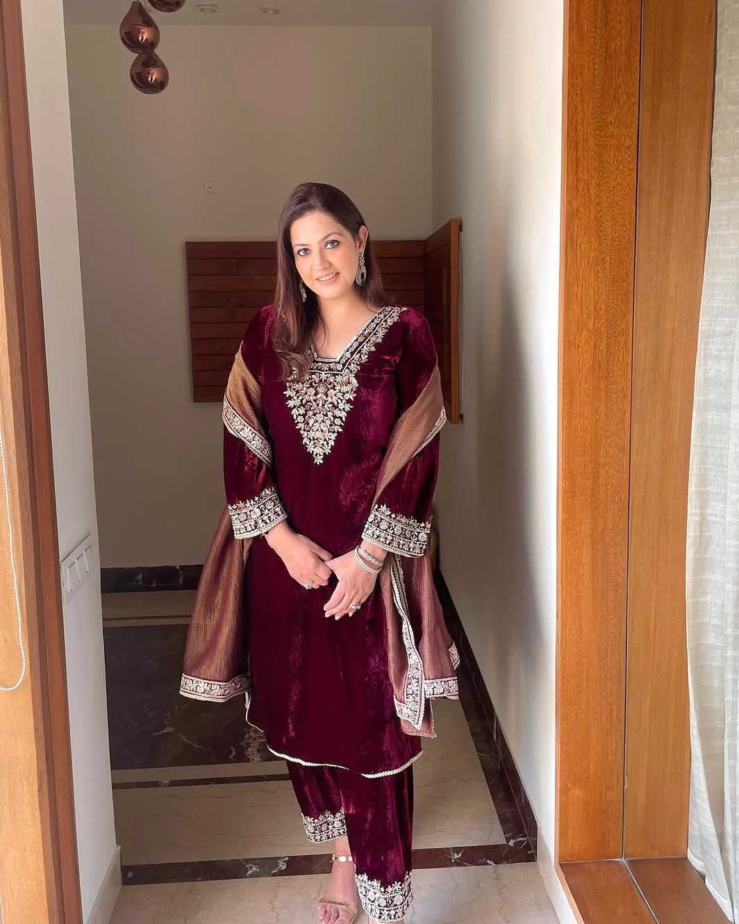 Designer Velvet Suit Set – Embroidered Top, Bottom & Dupatta