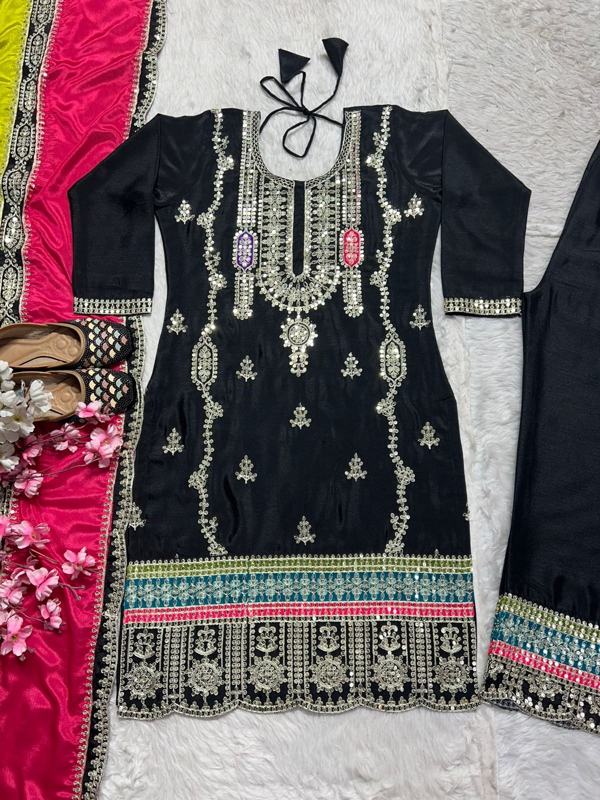 Pure Chinnon Silk Embroidered Suit Set with Palazzo & Dupatta