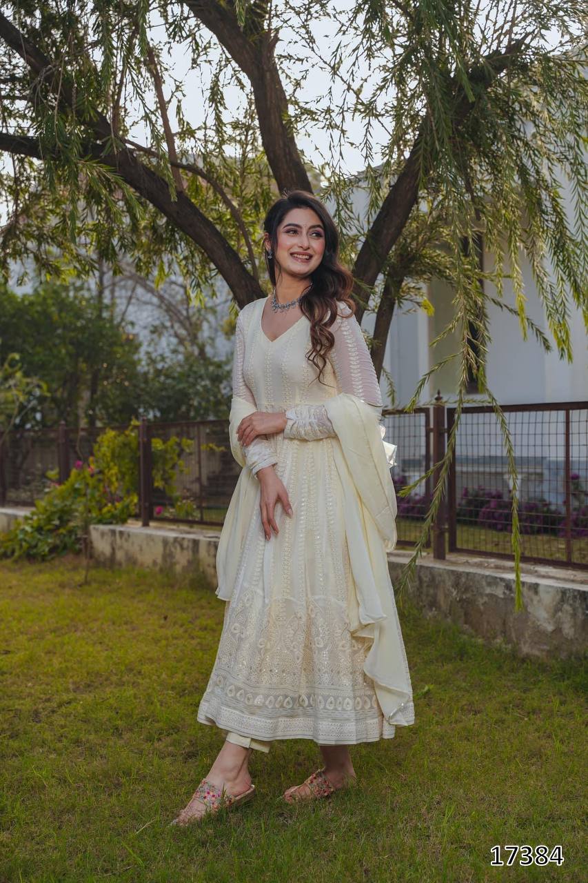 Cream Anarkali Suit with Dupatta – Heavy Embroidered Party Wear Gown