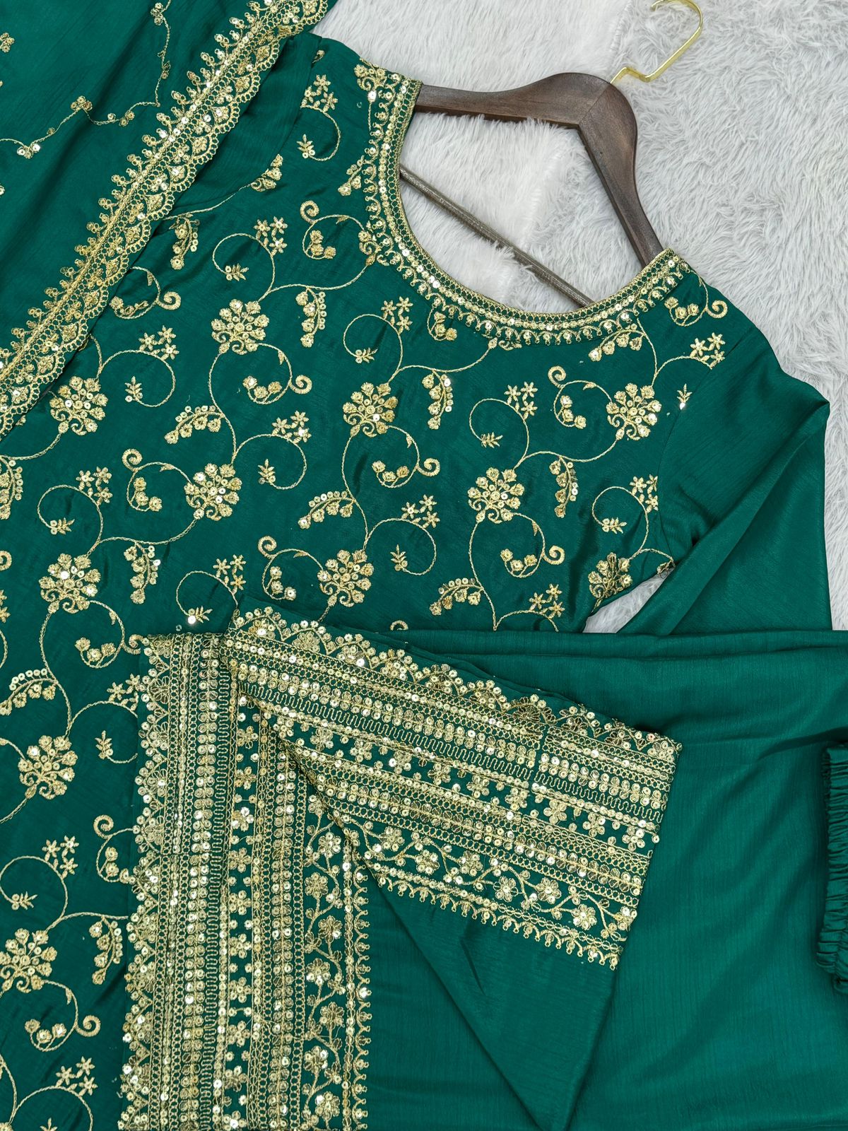 Embroidered Chinon Silk Kurti Palazzo Set with Dupatta