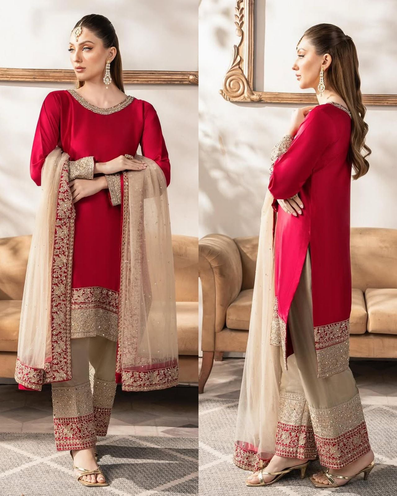 Embroidered Malay Satin Silk Top with Faux Georgette Pants & Net Dupatta