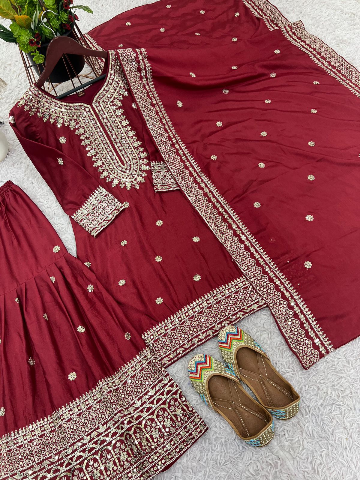 Chinnon Silk Sharara Suit Set – Embroidered Top, Plazo & Dupatta
