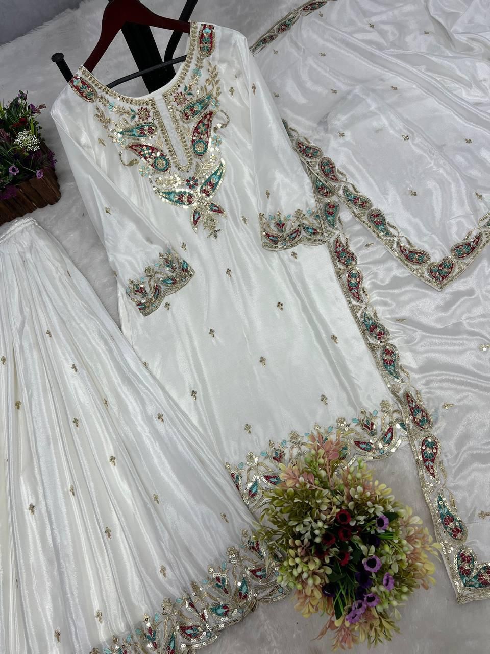 Elegant Chinon Silk Kurti Plazzo Set | Embroidery & Sequence Work