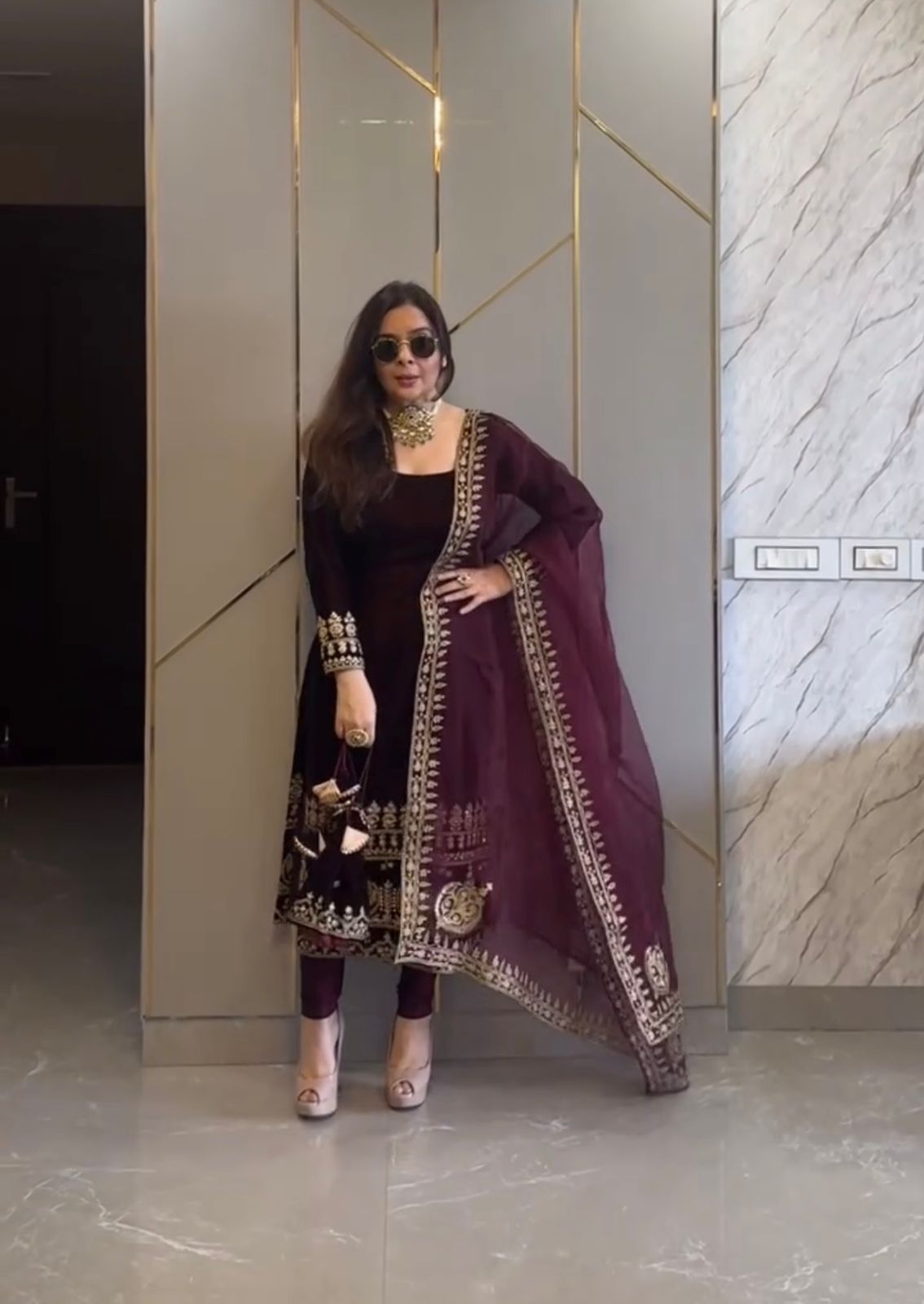 Designer Party Wear Velvet Suit โ Heavy Embroidered Top with Dupatta & Fully Stitched Bottom