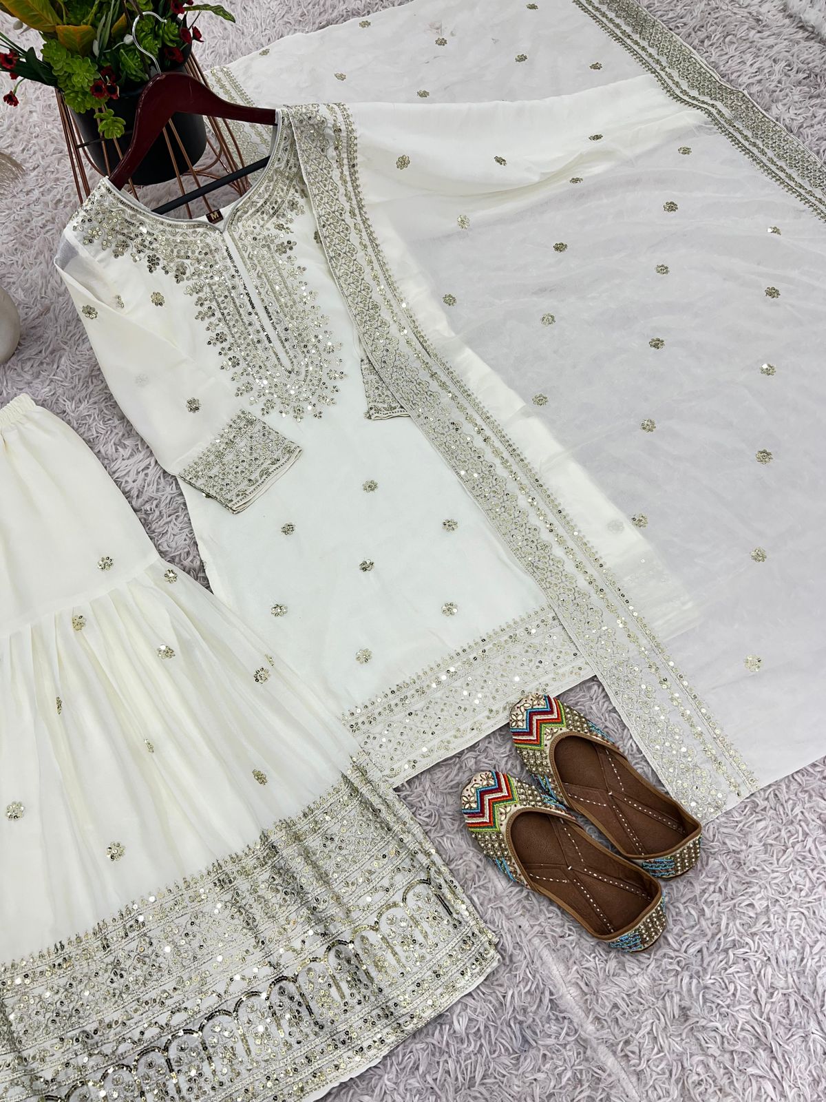Chinnon Silk Sharara Suit Set – Embroidered Top, Plazo & Dupatta