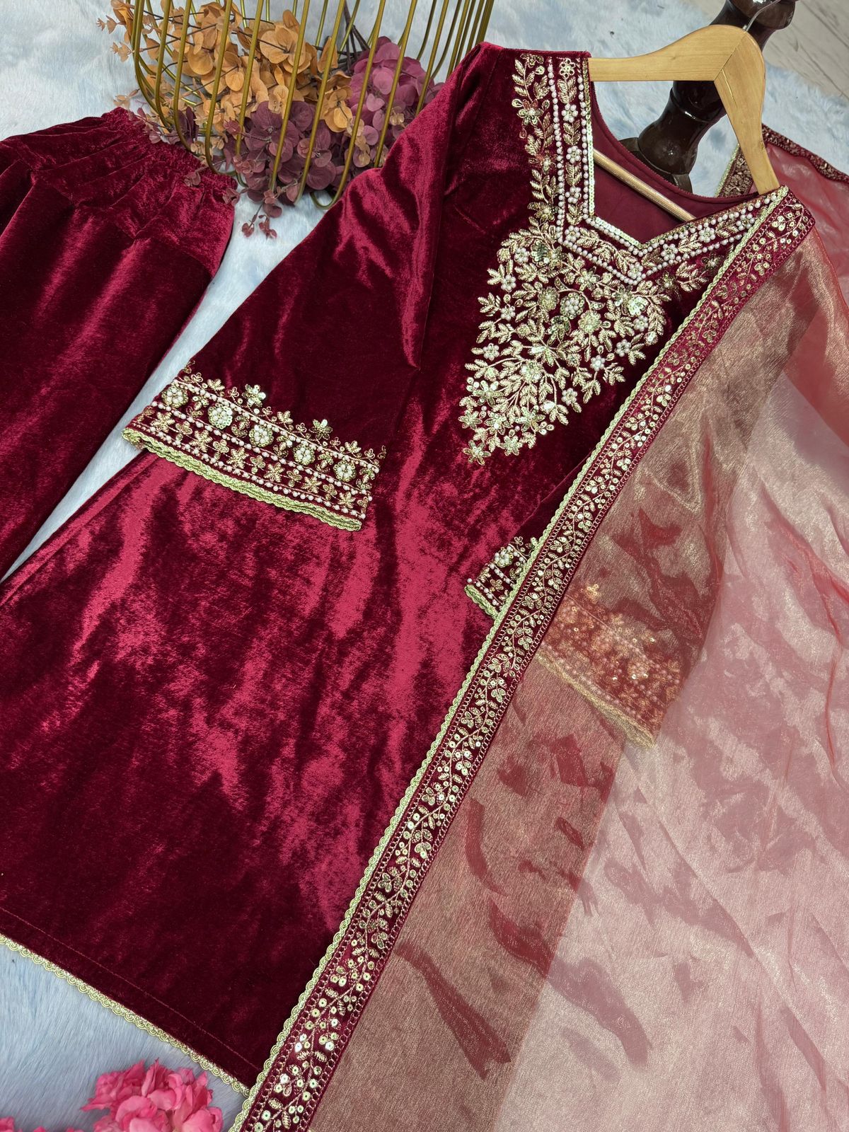 Designer Velvet Suit Set – Embroidered Top, Bottom & Dupatta
