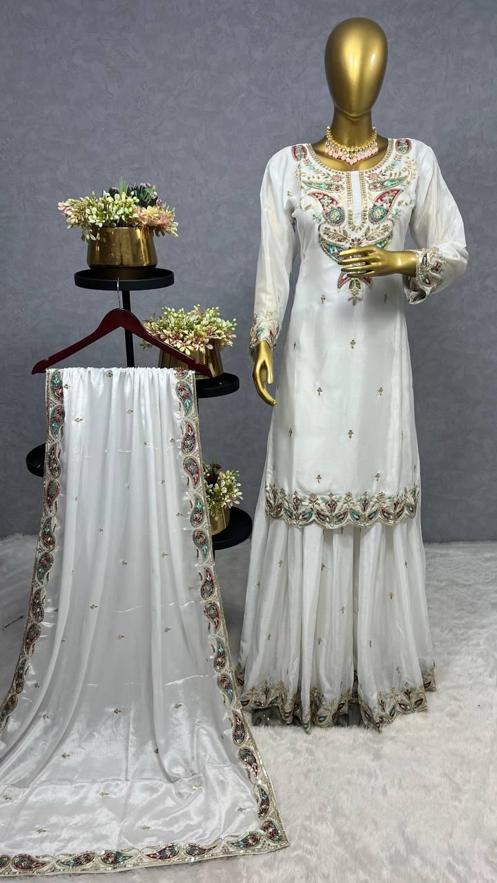Elegant Chinon Silk Kurti Plazzo Set | Embroidery & Sequence Work
