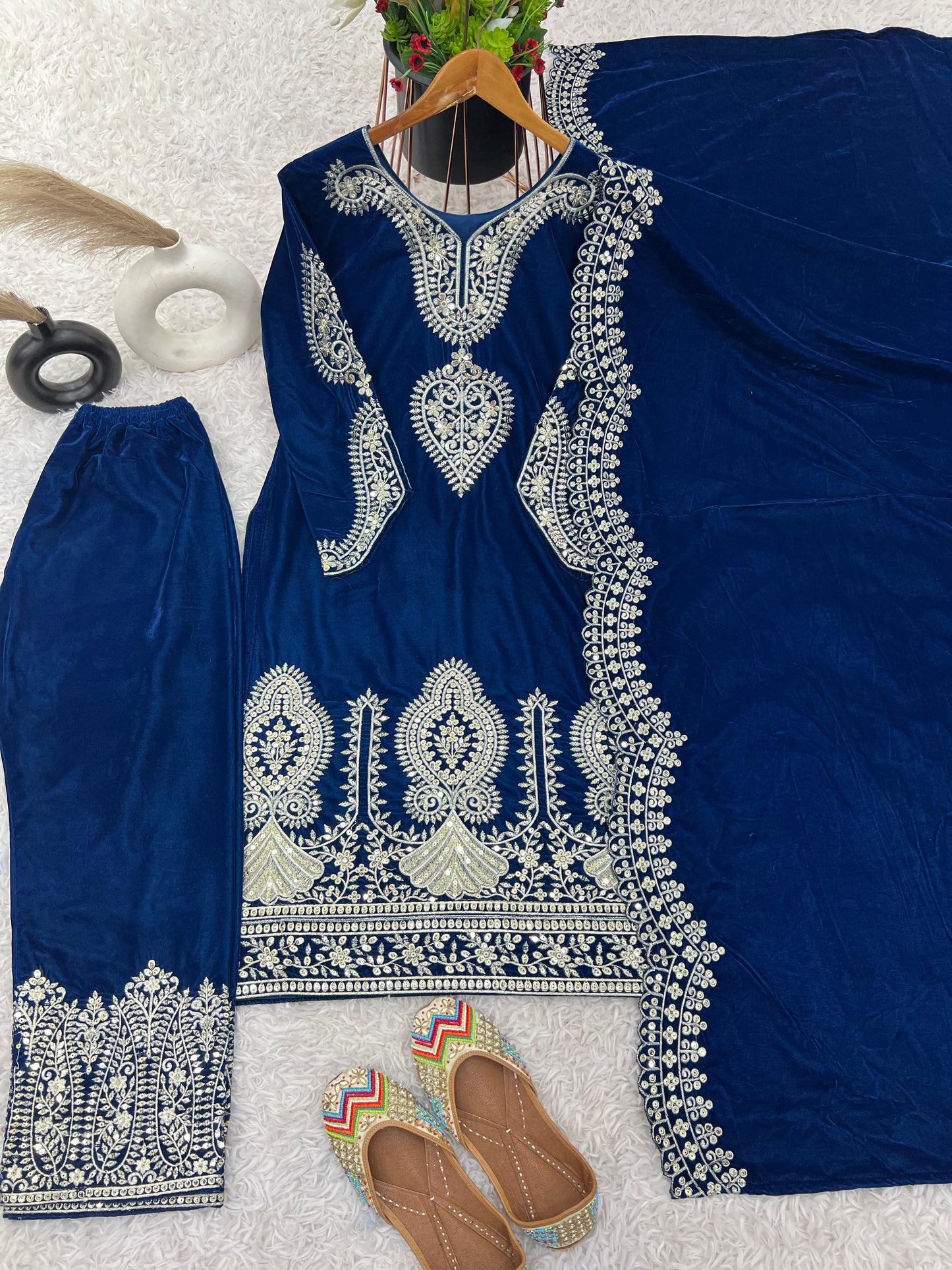 Designer Party Wear Velvet Suit Set – Embroidered Top, Dupatta & Fully Stitched Bottom