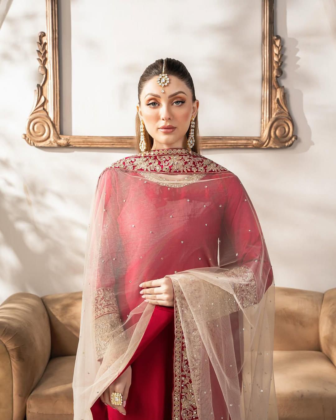 Embroidered Malay Satin Silk Top with Faux Georgette Pants & Net Dupatta
