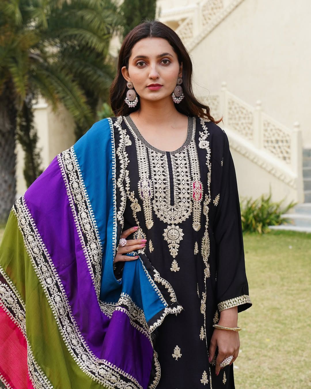 Pure Chinnon Silk Embroidered Suit Set with Palazzo & Dupatta