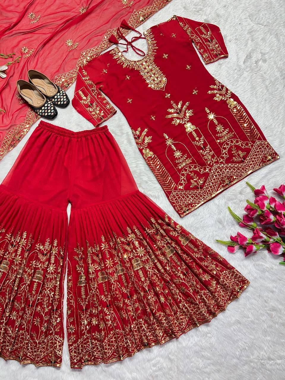 Glamorous Designer Party Wear Set – Sharara Palazzo, Elegant Top & Dupatta