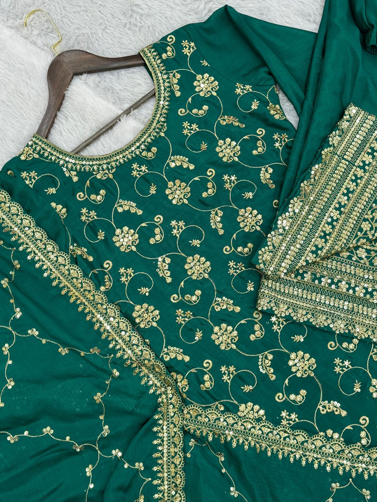 Embroidered Chinon Silk Kurti Palazzo Set with Dupatta