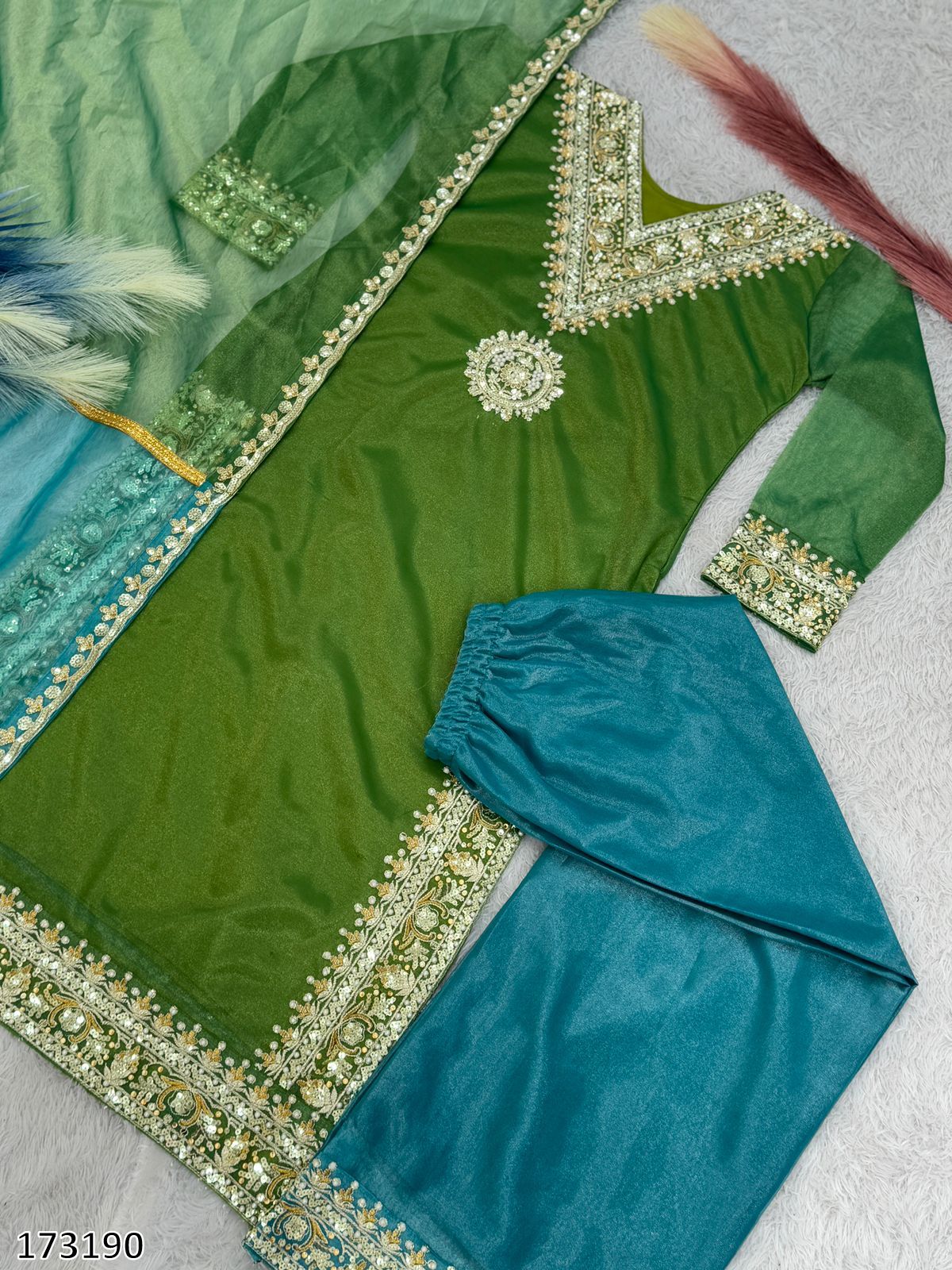 Heavy Embroidered Palazzo Suit with Dupatta – Soft Twill Silk, Full-Stitched