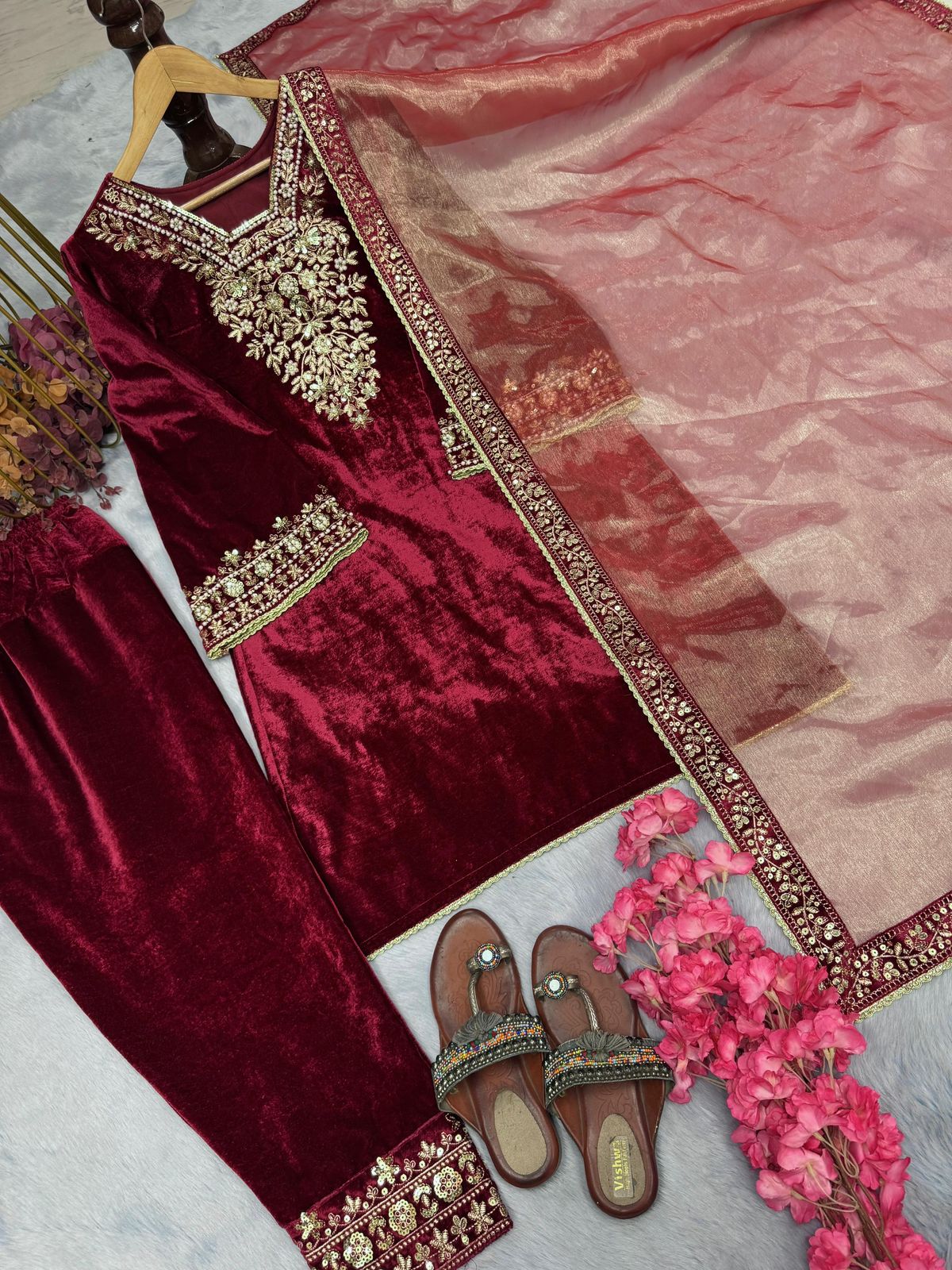 Designer Velvet Suit Set – Embroidered Top, Bottom & Dupatta
