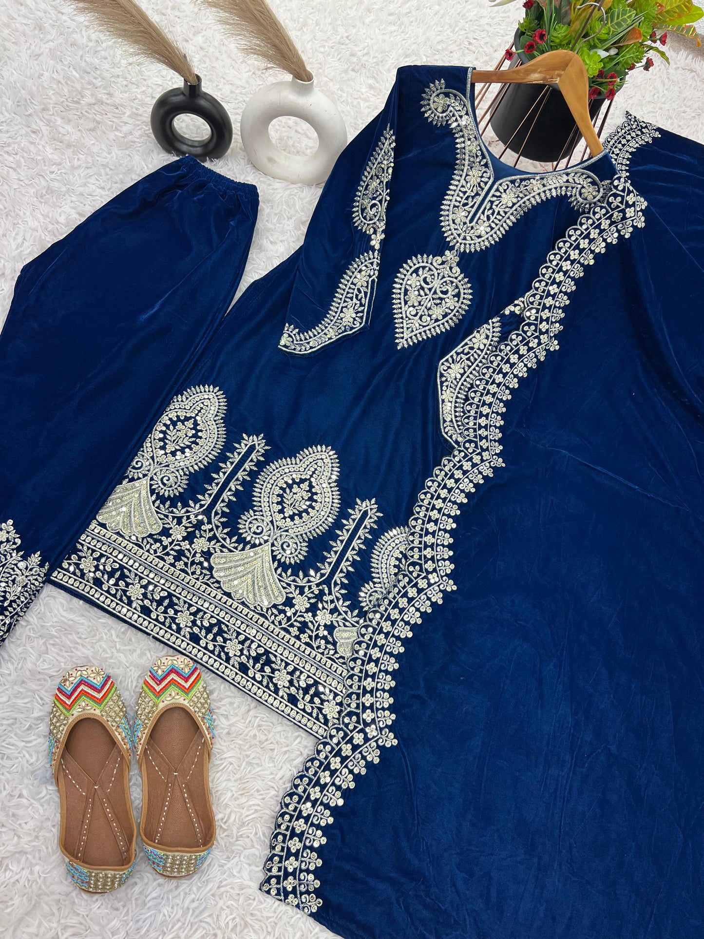 Designer Party Wear Velvet Suit Set – Embroidered Top, Dupatta & Fully Stitched Bottom