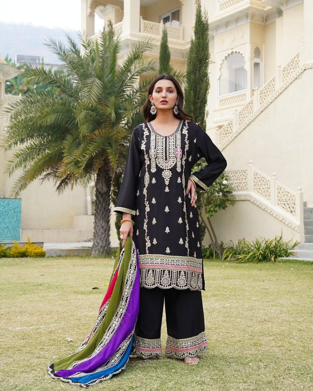 Pure Chinnon Silk Embroidered Suit Set with Palazzo & Dupatta
