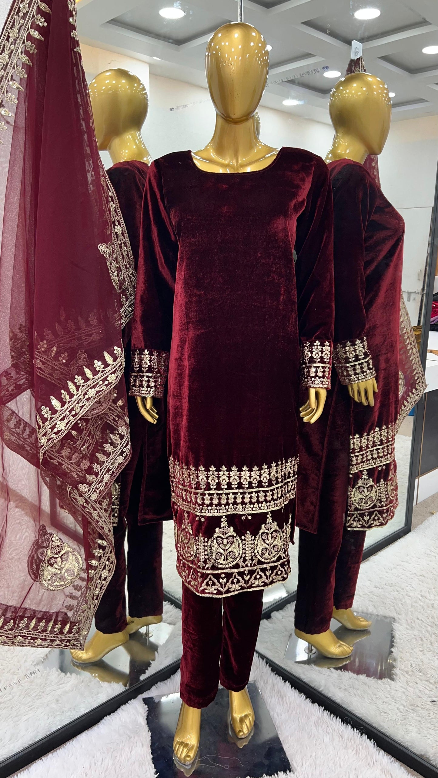 Designer Party Wear Velvet Suit โ Heavy Embroidered Top with Dupatta & Fully Stitched Bottom