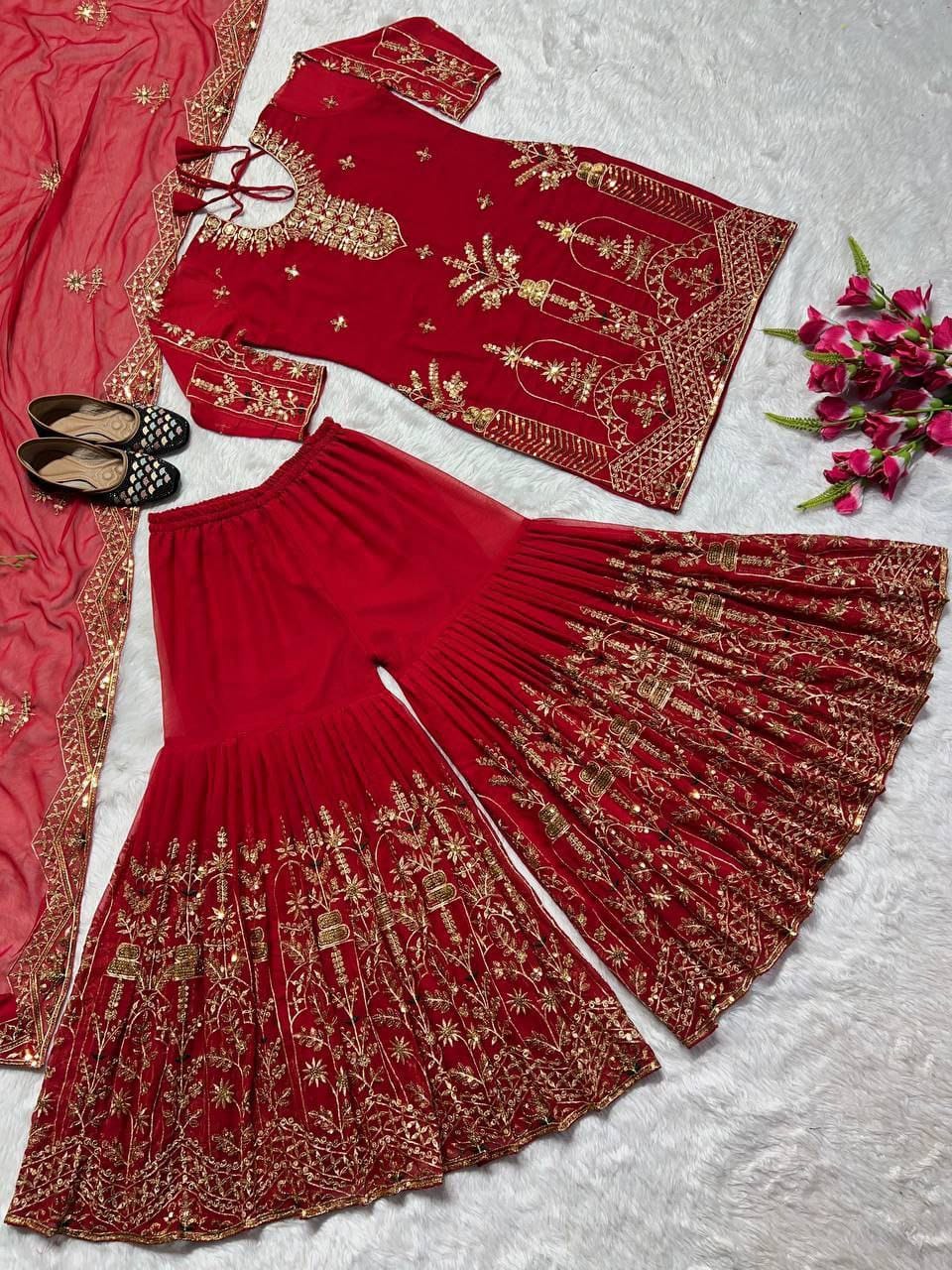 Glamorous Designer Party Wear Set – Sharara Palazzo, Elegant Top & Dupatta