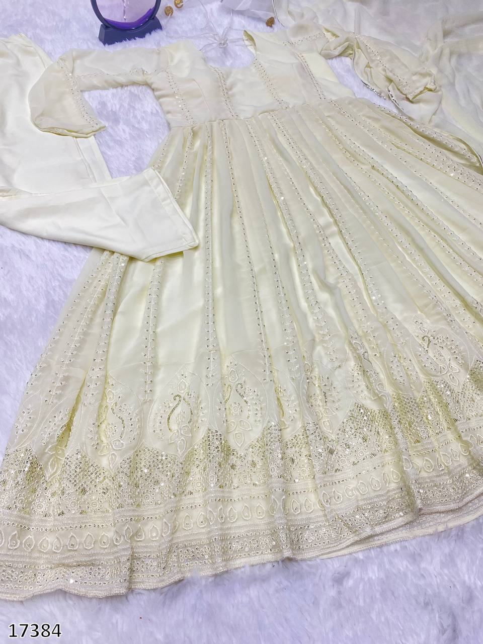 Cream Anarkali Suit with Dupatta – Heavy Embroidered Party Wear Gown