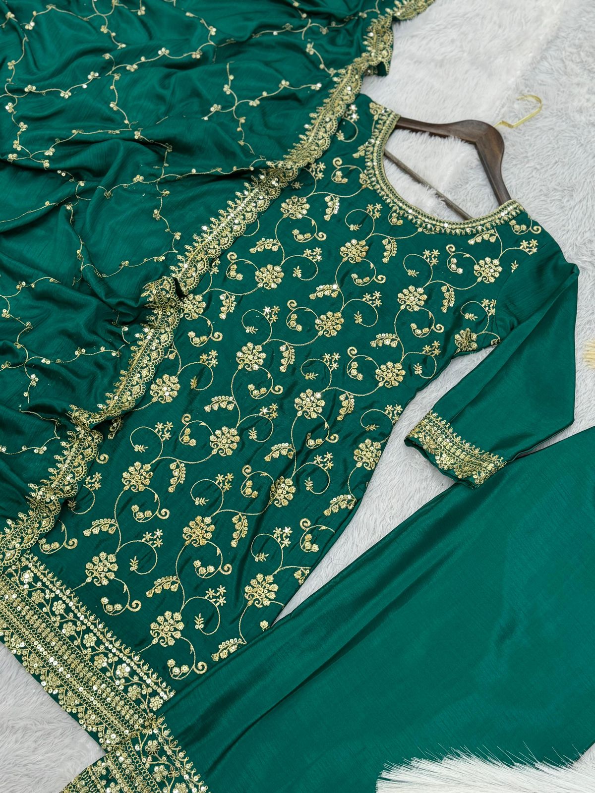 Embroidered Chinon Silk Kurti Palazzo Set with Dupatta