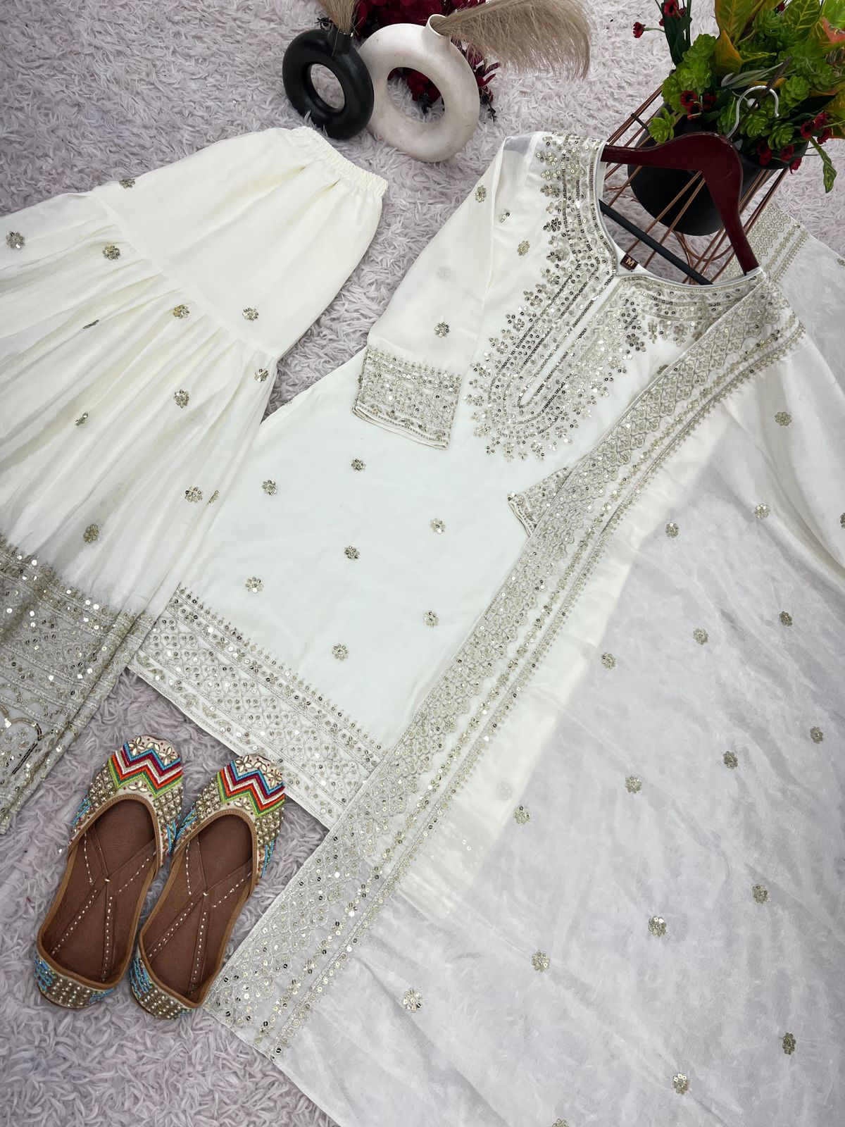Chinnon Silk Sharara Suit Set – Embroidered Top, Plazo & Dupatta