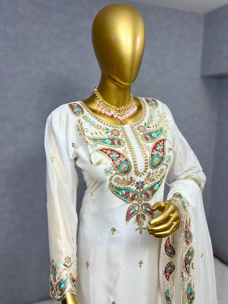 Elegant Chinon Silk Kurti Plazzo Set | Embroidery & Sequence Work