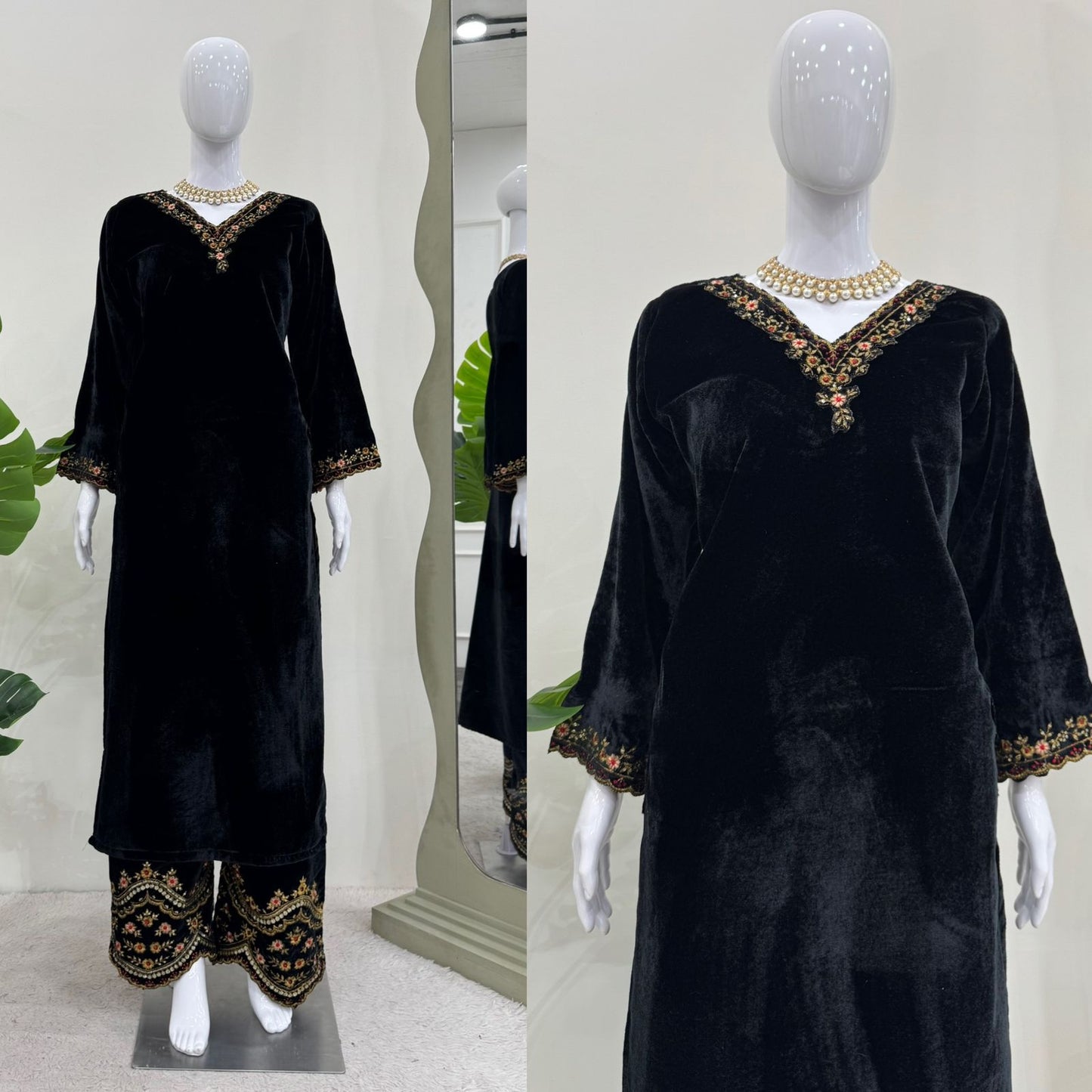 Premium Velvet Suit Set – Embroidered Top with Side Pocket & Fully Stitched Pant