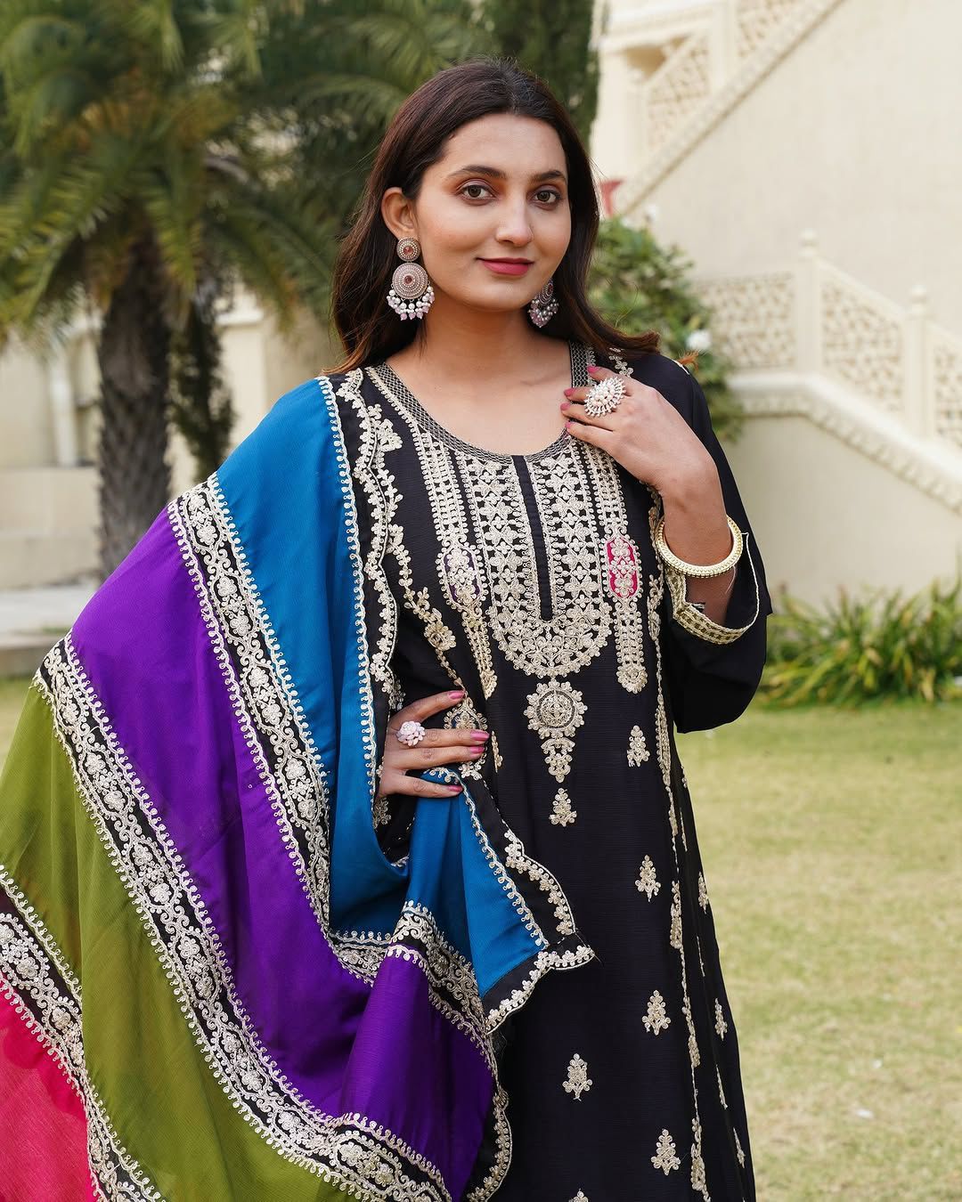 Pure Chinnon Silk Embroidered Suit Set with Palazzo & Dupatta
