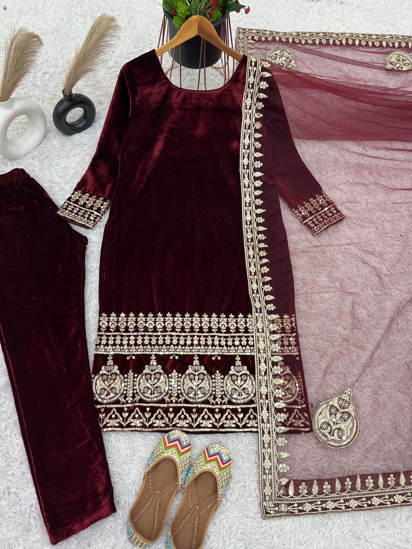 Designer Party Wear Velvet Suit โ Heavy Embroidered Top with Dupatta & Fully Stitched Bottom