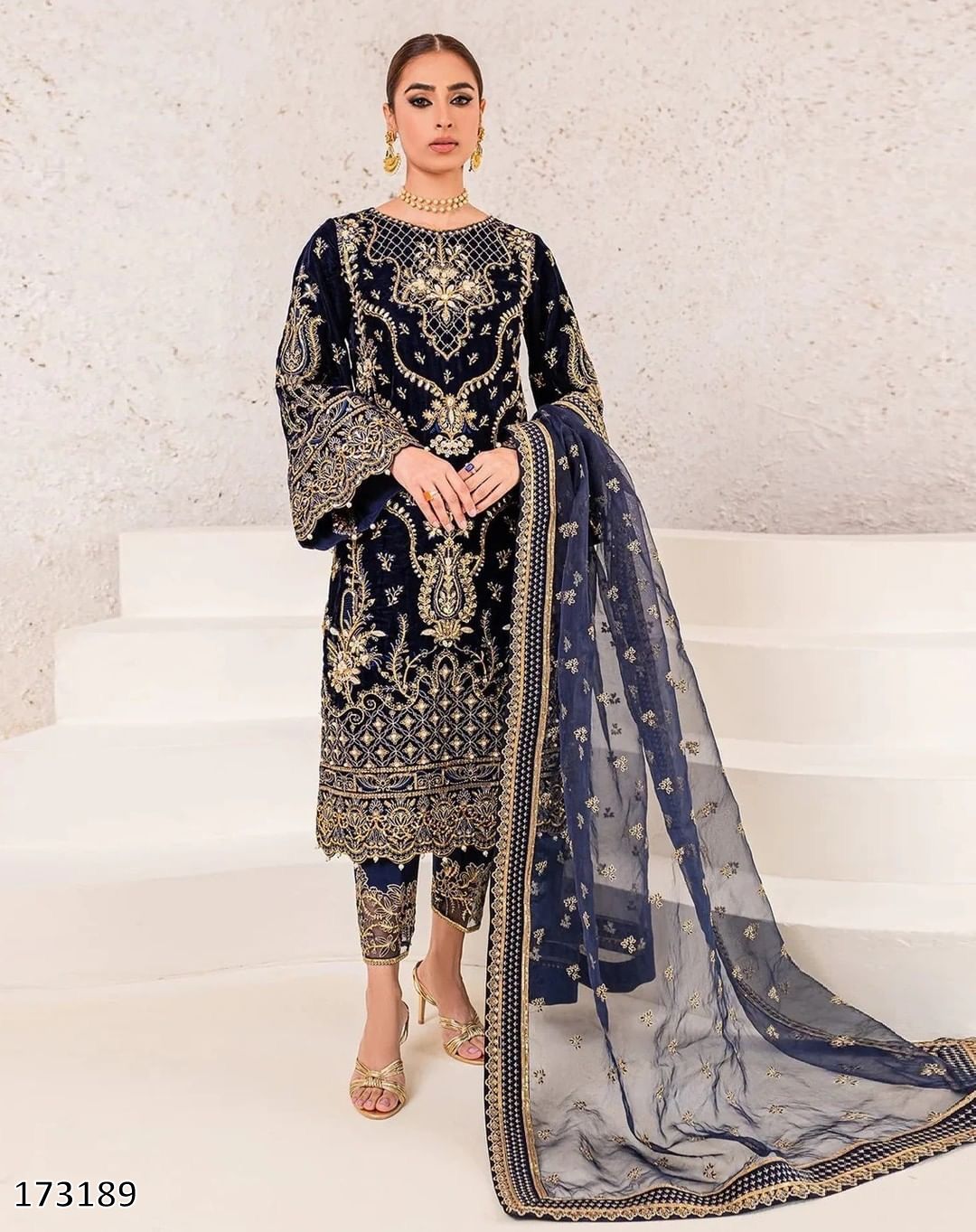 Winter Velvet Suit with Dupatta – Heavy Embroidered Top & Pant Set for Women