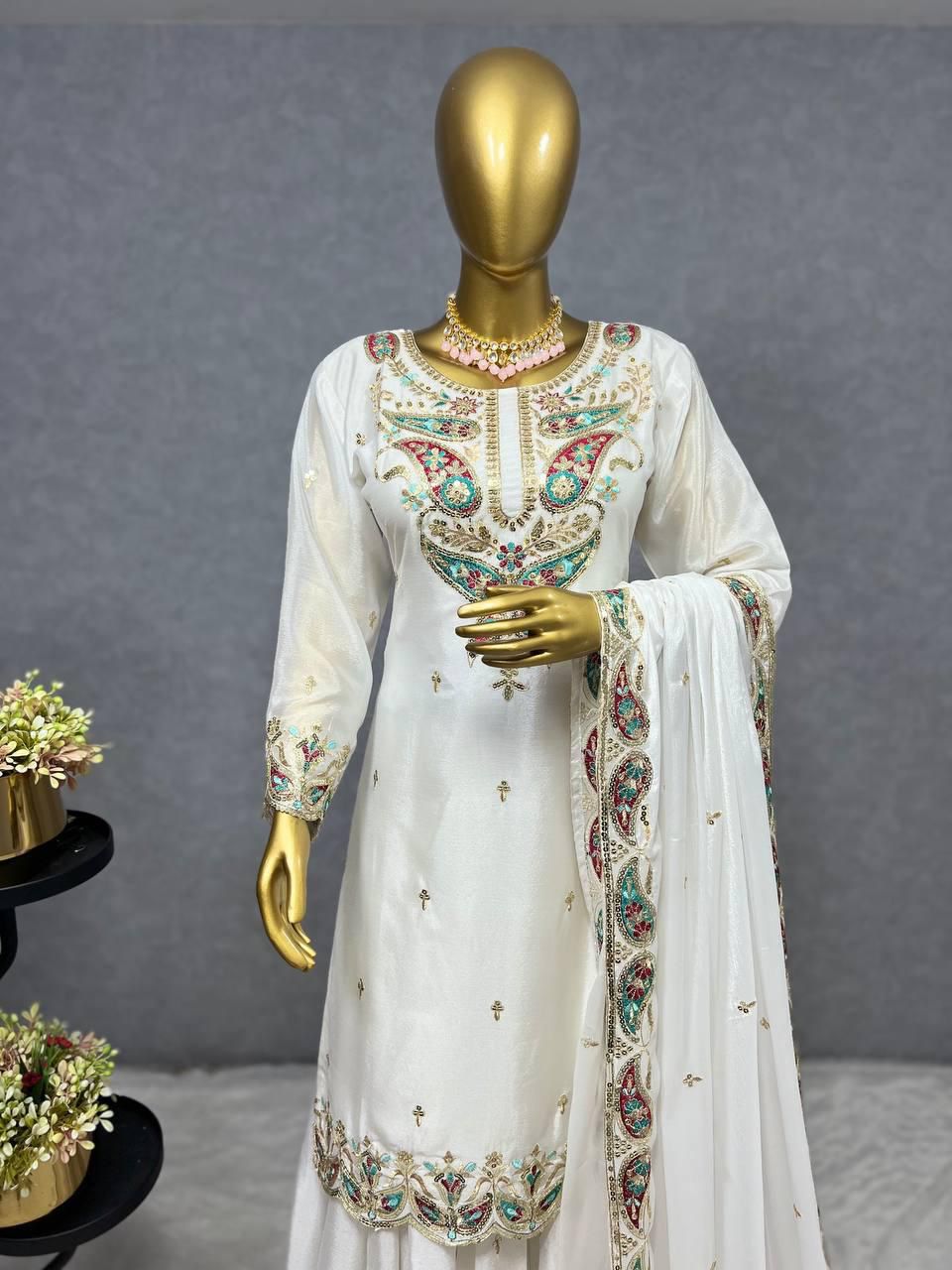 Elegant Chinon Silk Kurti Plazzo Set | Embroidery & Sequence Work