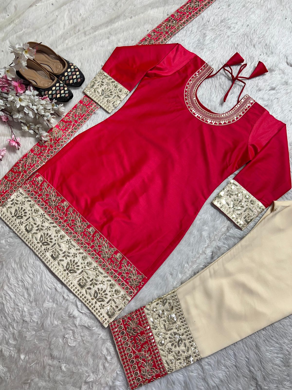 Embroidered Malay Satin Silk Top with Faux Georgette Pants & Net Dupatta