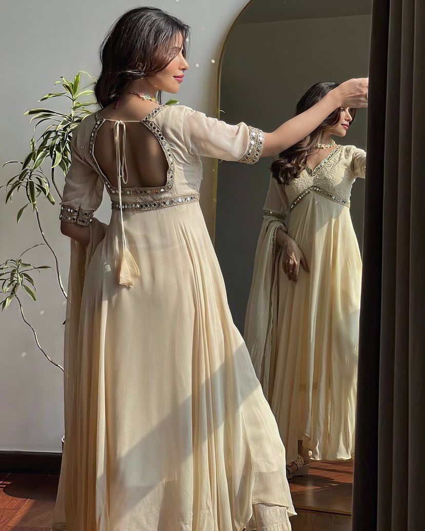 Heavy Faux Georgette Anarkali Gown | Chikankari & Real Mirror Work | Party Wear Set with Dupatta