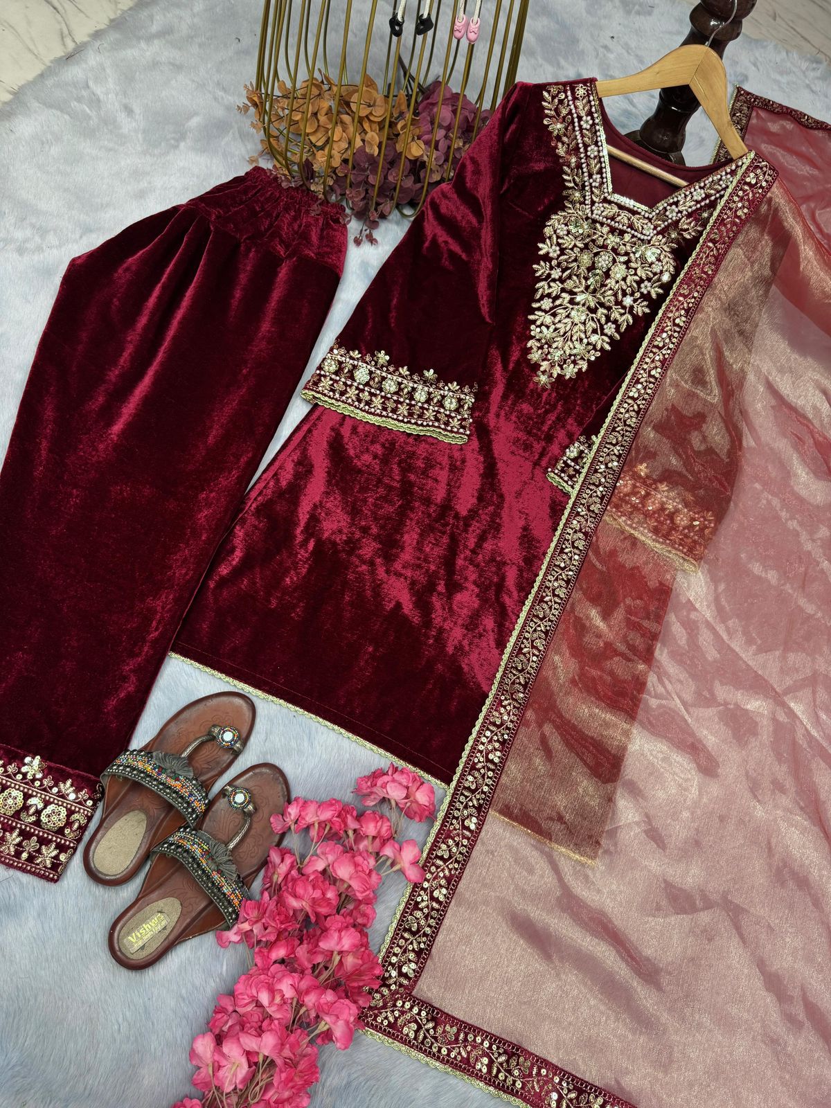 Designer Velvet Suit Set – Embroidered Top, Bottom & Dupatta