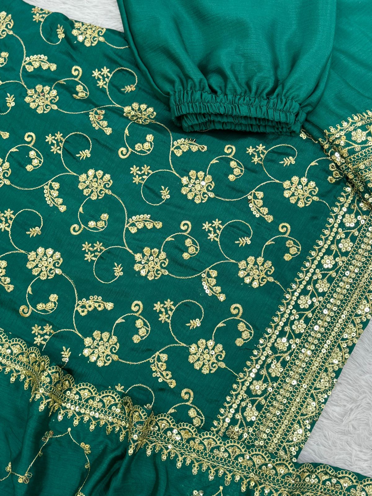 Embroidered Chinon Silk Kurti Palazzo Set with Dupatta
