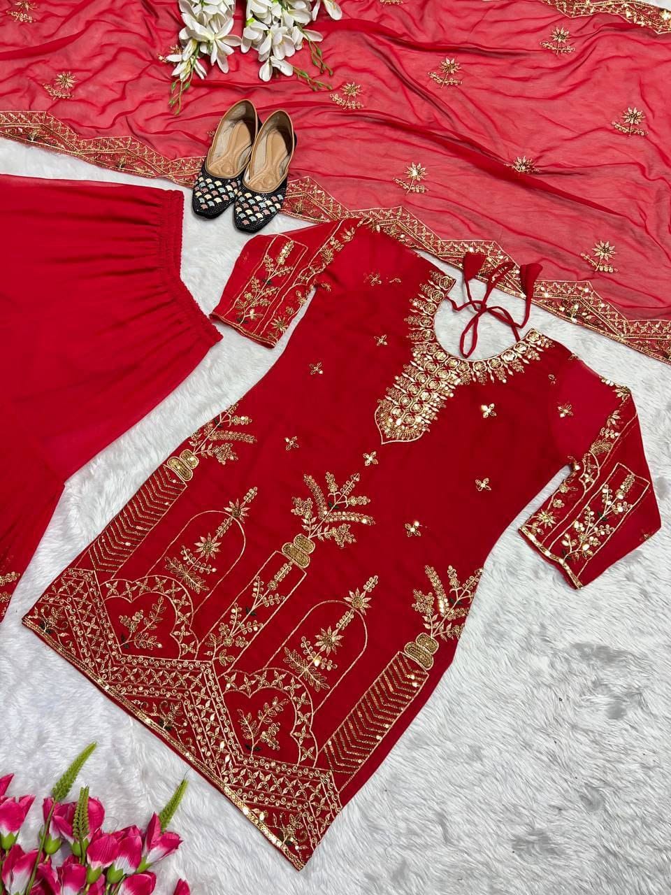 Glamorous Designer Party Wear Set – Sharara Palazzo, Elegant Top & Dupatta