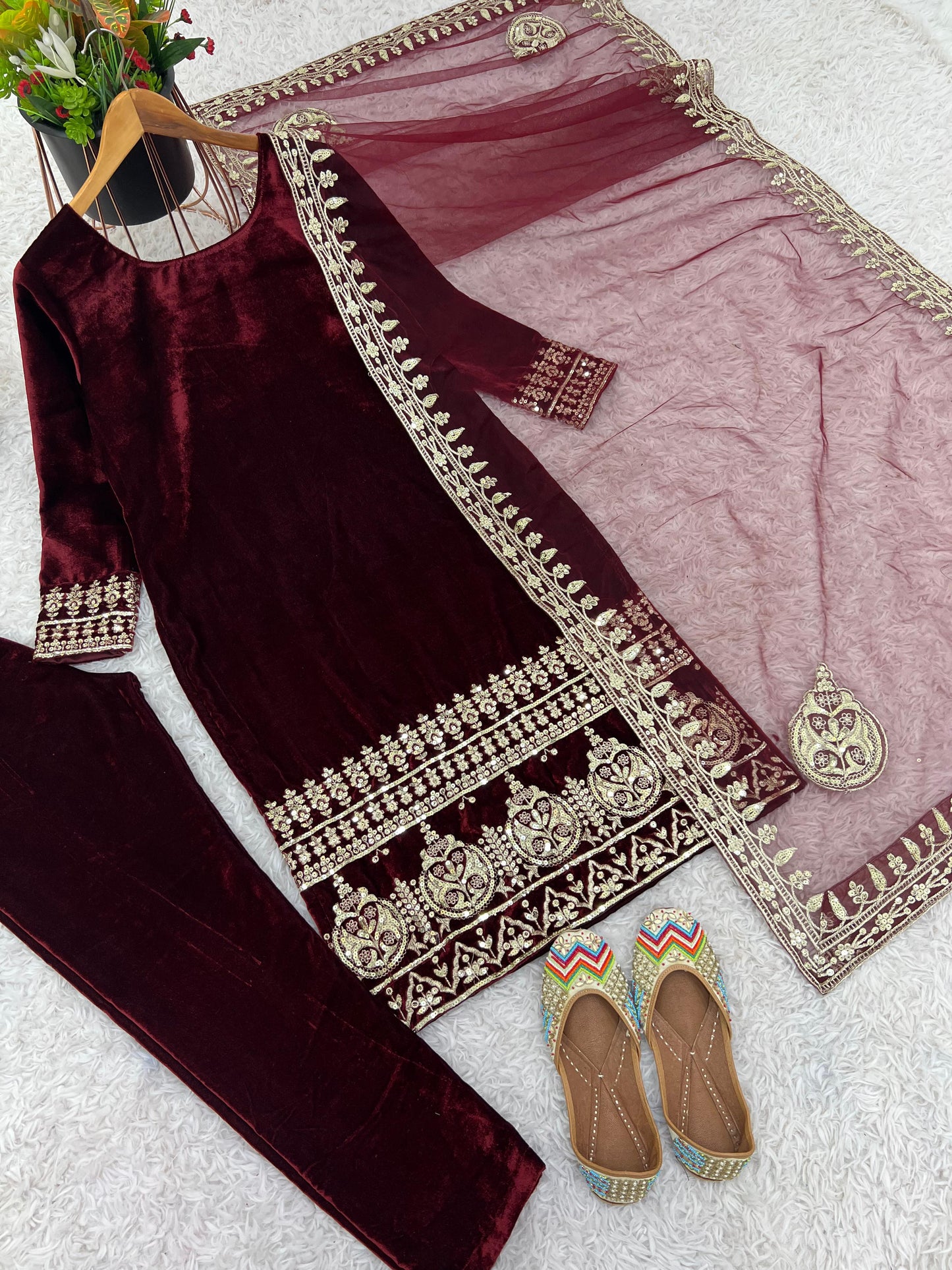 Designer Party Wear Velvet Suit โ Heavy Embroidered Top with Dupatta & Fully Stitched Bottom