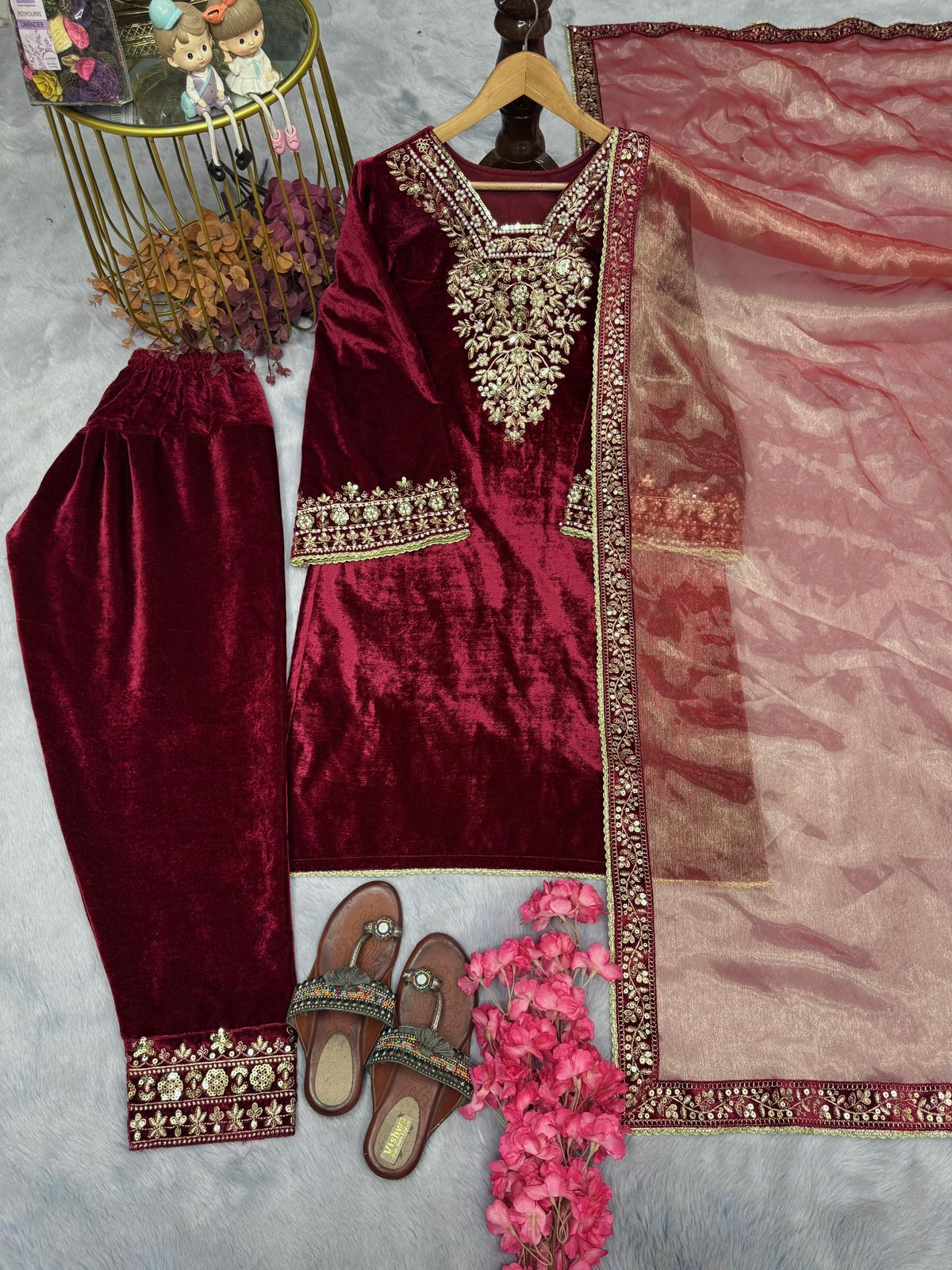 Designer Velvet Suit Set – Embroidered Top, Bottom & Dupatta
