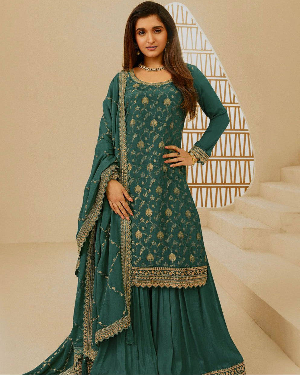 Embroidered Chinon Silk Kurti Palazzo Set with Dupatta