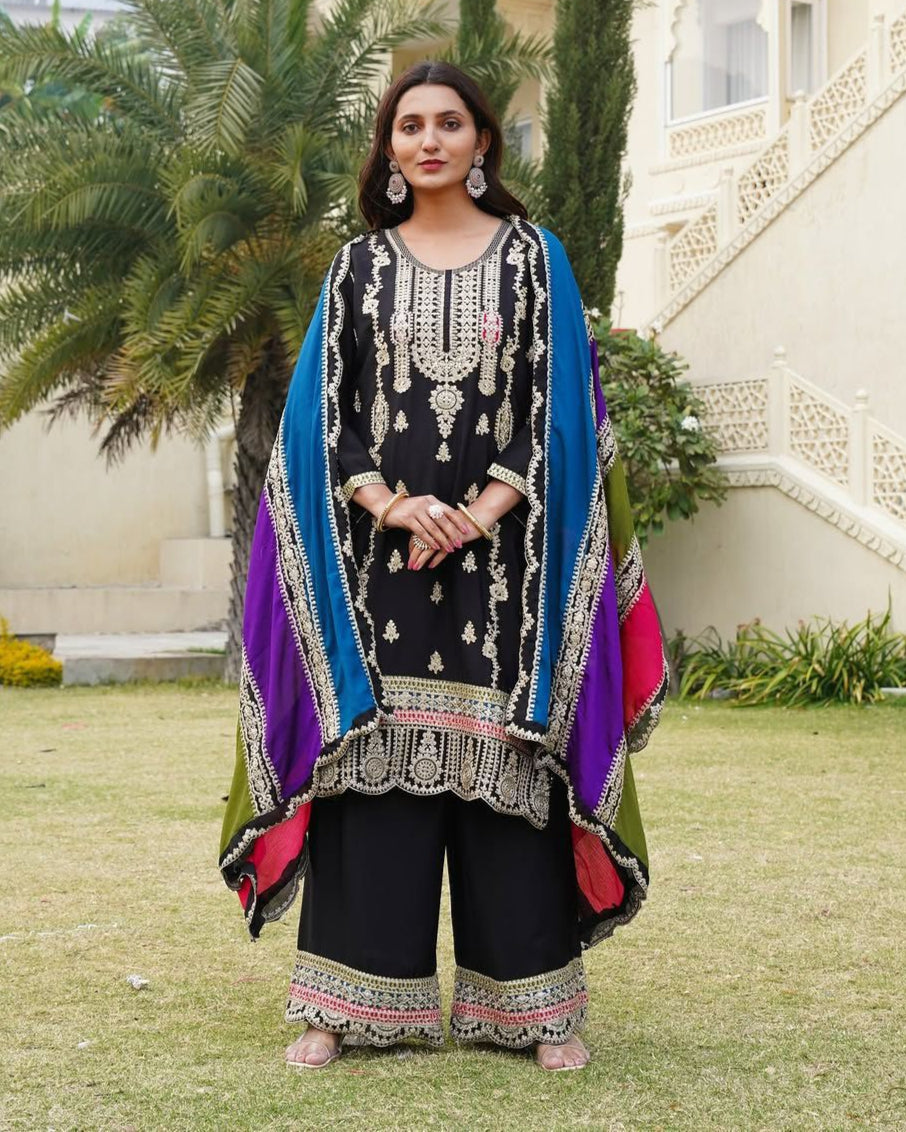 Pure Chinnon Silk Embroidered Suit Set with Palazzo & Dupatta