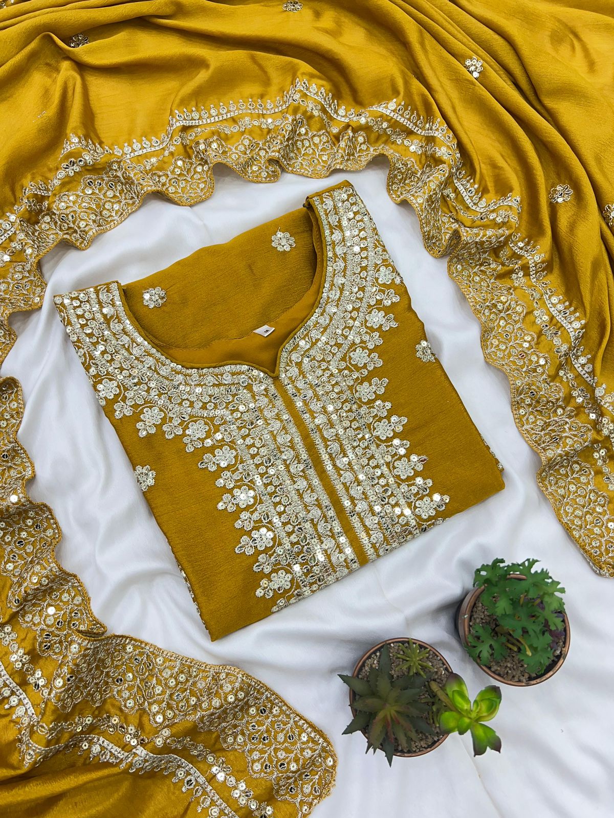Chinnon Silk Sharara Suit Set – Embroidered Top, Plazo & Dupatta