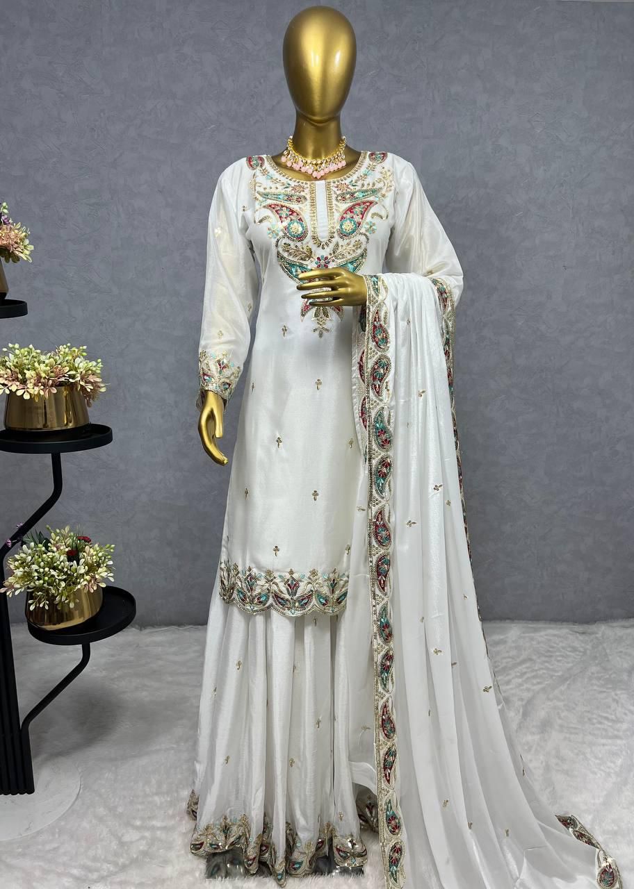 Elegant Chinon Silk Kurti Plazzo Set | Embroidery & Sequence Work