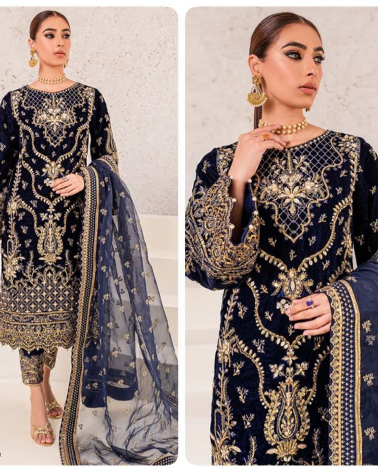 Winter Velvet Suit with Dupatta – Heavy Embroidered Top & Pant Set for Women