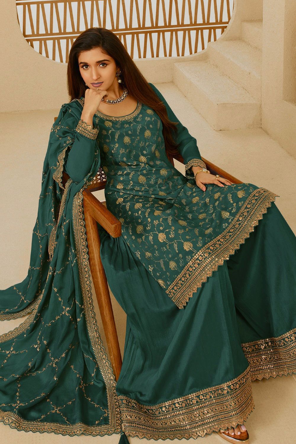 Embroidered Chinon Silk Kurti Palazzo Set with Dupatta